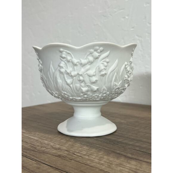 White Pedestal Bowl Embossed Floral Ceramic Decor - Picture 8 of 9